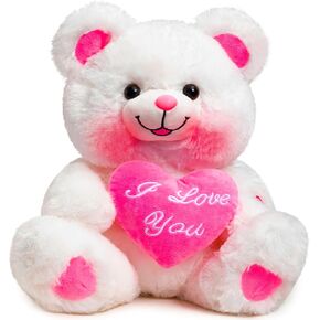 HollyHOME Teddy Bear with Heart Plush Pink Bear That Says I Love You and Blushes LED Stuffed Toys for Girlfriend and Kids 13 inch White