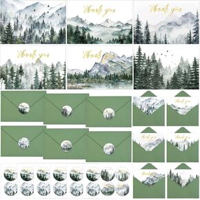 Kavoc 36 Pack Watercolor Forest Thank You Cards Bulk Mountains Landscape Foil Greeting Note Cards with Envelopes Stickers Blank Note Cards for Birthday Baby Shower Wedding Bridal Shower, 4 x 6 Inch
