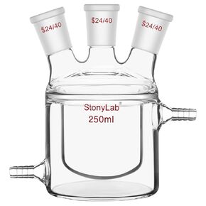 stonylab Jacketed Reaction Flask, Flat Bottom Double Layer Reaction Vessel with Three 24/40 Standard Joints, 1000 ml