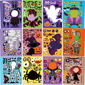 60 ورقة ملصقات هالوين الحرف اليدوية للأطفال - Make -A -Pumpkin/Spider/Skeleton/Ghost/Witch/Zombie Face Sticker - Halloween Party Favors Goodie Bag Fillers Guids Supplies (12 Design)