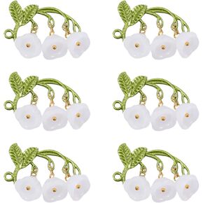 Craftdady 10 pcs زنبق من وادي زجاج موصل سحر سحر سبائك زهرة الأخضر ورقة زهرة بيضاء قلادة تتدلى ل DIY القلادة قرط الصنع المجوهرات