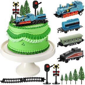 Bucherry Cake Toppers - 13 Pcs Mini Train Decorations with Toy Track, Traffic Lights for Steam Train Theme Party Supplies