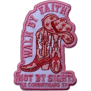 Walk by Faith Not by Sight Patch, 3 Inches Sew On Iron On Patches Pink Embroidery Patches for Clothes Backpacks Hats Jeans Bags, Cowgirl Embroidered Patches, DIY Iron On Patch for Christians