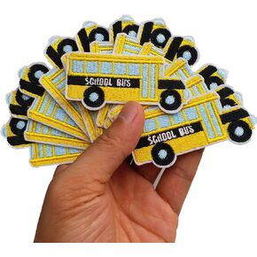 2.8"x1.8" 12pcs Back to School Bus Yellow Iron On Embroidered Patches Appliques Machine Embroidery Needlecraft Projects Boys Girls Kids DIY