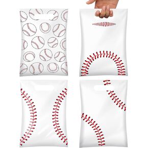MOJIEZUO 100Pcs Baseball Gift Bags for Snacks with Handle 4 Pattern Treat Bags Baseball Cellophane Bag Candy Party Favors for Sports Team Birthday Sport Themed Party Supplies, 6.3 "x 9.8"