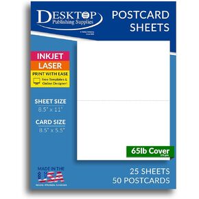 65lb White Jumbo Postcards - 2 per page - Breaks to 5 1/2" x 8 1/2" Sheets (25 Sheets / 50 Postcards)