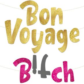 Bon Voyage Away Gold Glitter Banner - Funny Farewell Decorations - We Will Miss You - Retirement, New Job Change, Moving Party Supplies, Ideas, and Gifts