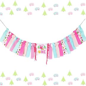 Kreatwow One Happy Camper High Chair Banner Camp تحت عنوان عيد الميلاد الأول زخارف الفتاة الوردي خيمة المغامرة التخييم لافتة عيد ميلاد عالية على الكراسي العليا للحفلات البرية Happy Camper Supplies