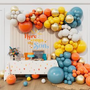 هنا يأتي Son Balloon Arch Garland Kit لـ Retro Boho Sunshine Boys Baby Dame Trip First Around the Sun Sunset موضوع عيد ميلاد زخرفة خلفية (Blue Slate Mustard)