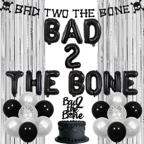 Bad Two The Bone Party Decorations Boy, Music Theme 2nd Birthday Decorations Foil Balloons Banner Cake Topper Fringe Curtain for Skeleton Rock and Roll Birthday Party