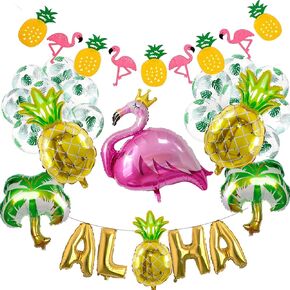 KOZEE Tropical Flamingo Birthday Banner Shiny Card and Flamingo Pineapple Coconut Palm Tree Printed Balloons for Tropical Birthday Hawaiian Theme Decorations