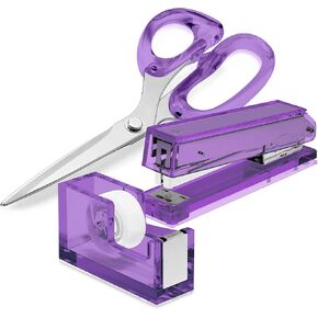 Office Goods - Purple Office Supplies Set - Acrylic Tape Dispenser, Acrylic Stapler, and 9" Stainless Steel Acrylic Scissors, for Office Desk, School, or Crafts