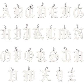 SUNNYCLUE 1 Box 26 Alphabet Letter Charms Stainless Steel Charm A-Z Flatback Metal ABC Hollow Gothic Tibetan Style Charms Mini Initials Beads with Hole for Personalized Jewelry Supplies, Silver