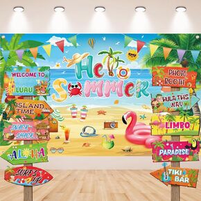 Hooqict 20 Pieces Hawaiian Party Welcome Sign & 71 x 43 Inch Hello Summer Backdrop Summer Party Decor for Fiesta Hawaiian Luau Tiki Themed Birthday Wedding Party Supplies Tropical Photo Booth Props