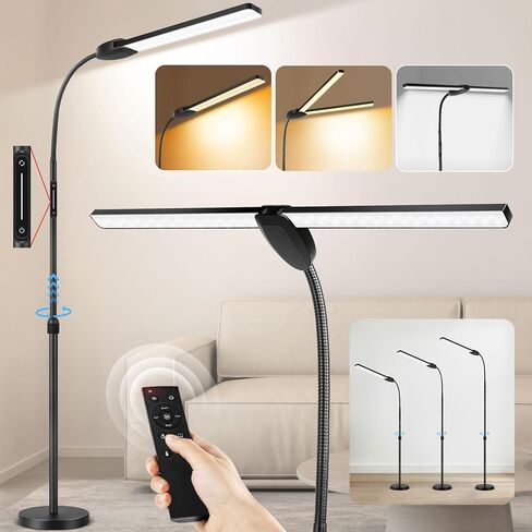 OUTON LED Floor Lamp with Double Head, 18W 1800LM, Super Wide & Bright, Height Adjustable, Remote & Touch Control, Memory Function, Dimmable Standing Lamp for Reading, Working, Sewing, Silver Grey in Kuwait
