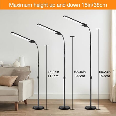 OUTON LED Floor Lamp with Double Head, 18W 1800LM, Super Wide & Bright, Height Adjustable, Remote & Touch Control, Memory Function, Dimmable Standing Lamp for Reading, Working, Sewing, Silver Grey in Kuwait
