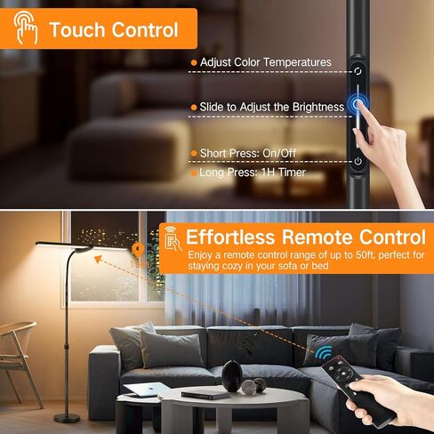 OUTON LED Floor Lamp with Double Head, 18W 1800LM, Super Wide & Bright, Height Adjustable, Remote & Touch Control, Memory Function, Dimmable Standing Lamp for Reading, Working, Sewing, Silver Grey in Kuwait