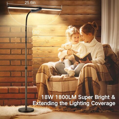 OUTON LED Floor Lamp with Double Head, 18W 1800LM, Super Wide & Bright, Height Adjustable, Remote & Touch Control, Memory Function, Dimmable Standing Lamp for Reading, Working, Sewing, Silver Grey in Kuwait