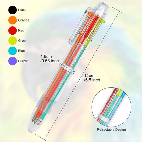 AUAUY 6 Pack Multicolor Ballpoint Pen, 6-in-1 Retractable Ballpoint Pens 0.5mm, 6-Colors Transparent Barrel Ballpoint Pen for Office School Supplies Students Children Gift in Saudi Arabia