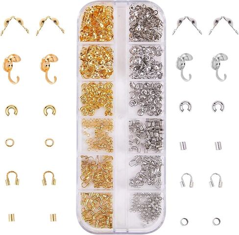 SUNNYCLUE 1 Box 640pcs Bead Tips Knot Covers & Crimp Beads End Tips & Fold Over Bead Terminators Crimp Caps & Wire Guardian Cable Protector & Tube Crimp Beads Jewelry Making Supplies, Silver & Golden in Saudi Arabia