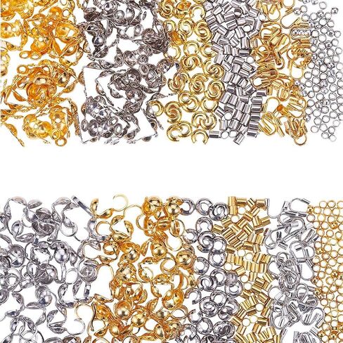 SUNNYCLUE 1 Box 640pcs Bead Tips Knot Covers & Crimp Beads End Tips & Fold Over Bead Terminators Crimp Caps & Wire Guardian Cable Protector & Tube Crimp Beads Jewelry Making Supplies, Silver & Golden in Saudi Arabia