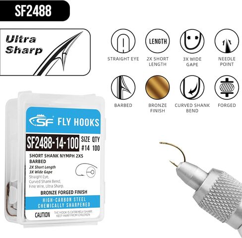 SF Fly Tying Hooks Ultra Sharp High Carbon Steel for Nymphs Wet Traditional Dry Streamers Eggs Jig Poppers Emergers Terrestrial Flies with Mini Box 100Pcs in Kuwait