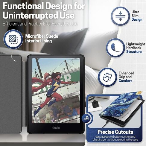 TNP Case for Kindle Paperwhite 12th Generation 2024 / Kindle Colorsoft Signature Edition - 7" PU Leather Protective Folio Cover for Kindle Paperwhite Kids with Auto Sleep/Wake, Composition Book Black in Kuwait