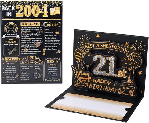 HOMANGA 21st Birthday Card, 3D Pop Up 21 Bday Card for Men Women, Back in 2004 Cards with Envelope, 21st Birthday Gifts for Him, Her, Friend (Black Gold) in Saudi Arabia