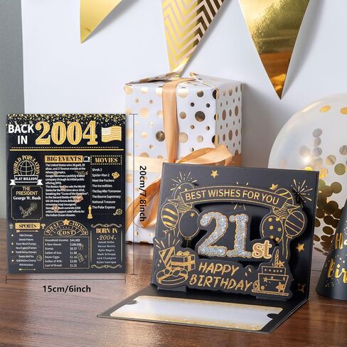 HOMANGA 21st Birthday Card, 3D Pop Up 21 Bday Card for Men Women, Back in 2004 Cards with Envelope, 21st Birthday Gifts for Him, Her, Friend (Black Gold) in Saudi Arabia