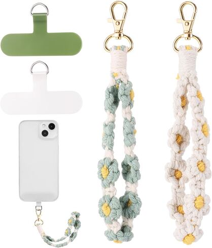 Jspupifip 2 PCS Boho Macrame Phone Wrist Strap, Cute Cell Phone Lanyard with Tether Tab Floral Smartphone Wristlet Bracelet Keychain Anti Theft Strap for Women Girls(Purple and Green) in Kuwait