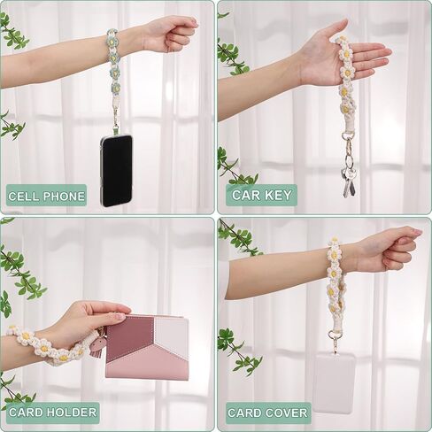 Jspupifip 2 PCS Boho Macrame Phone Wrist Strap, Cute Cell Phone Lanyard with Tether Tab Floral Smartphone Wristlet Bracelet Keychain Anti Theft Strap for Women Girls(Purple and Green) in Kuwait