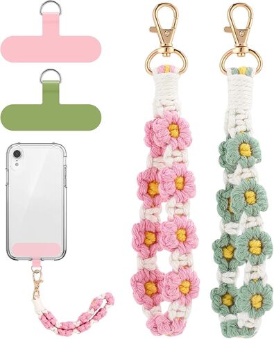 Jspupifip 2 PCS Boho Macrame Phone Wrist Strap, Cute Cell Phone Lanyard with Tether Tab Floral Smartphone Wristlet Bracelet Keychain Anti Theft Strap for Women Girls(Purple and Green) in Kuwait
