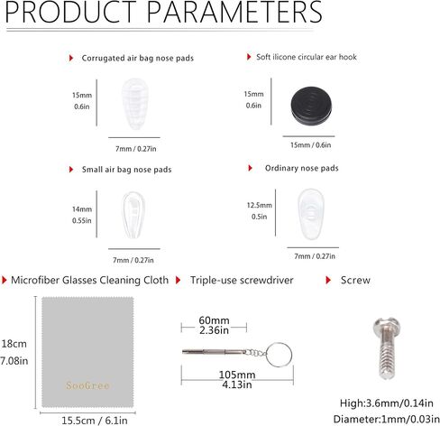 10 Pairs Big Air Chamber Eyeglasses Nose Pads Screw-in 1 Piece of Glasses Cleaning Cloth, Screw, Screwdriver Glasses Accessories Replacement Kit in Kuwait
