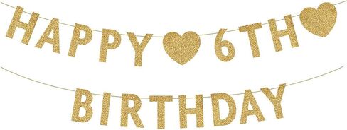 Gold Happy 6th Birthday Banner, Glitter 6 Years Old Boy or Girl Party Decorations, Supplies in Saudi Arabia