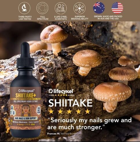 LIFE CYKEL Shiitake Mushroom Extract with Kakadu Plum- Hair, Skin & Nail Support, Anti Aging Supplement- 100% Organic Mushrooms, Immune Boosting, Vitamin C Made in The US- 2 Fl oz(Packaging May Vary) in Kuwait