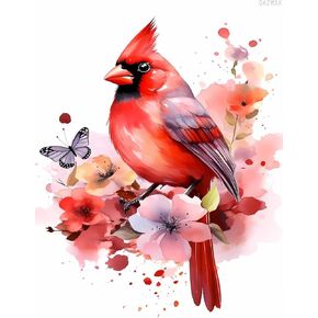 Qazwsx Red Bird Tie Tie Dye Flower Diamond Painting Kit للبالغين ، كامل مستدير الماس الكاردينال الطائر 5D Diamond Paint