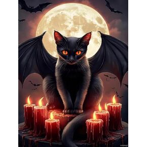 HMDIIMGE 5D Candle Bat Black Cat Diamond Painting Kits, Full Round Diamond Crystal Art Craft Kits for Adults, for Wall Decor and Living Room Decor Gifts 12x18 inch