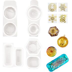 Yayatty Silicone Mold 4 PCS 8 Cavity Geometry Pendant Jewelry Casting Resin Silicone Mold with 8 Pcs Copper Resin Filler for Jewelry Making