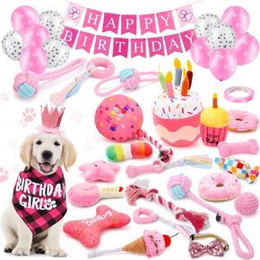 34 PCS DOG DOGH BIRGHTING TOY SET Party Supplies Plush PET TOY مع BIRDIAND BANDANA و HAT و DACKF و BANNER و BALOONS و ROO