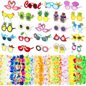 yunsailing 48 pcs decorations luau party تشمل 24 هاواي ليس و 24 نظارة شمسية الحزب لصالح الحفلات الشاطئ الصيفي شاطئ هاواي
