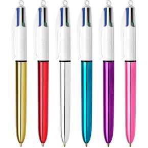 Bic 4 Colours Shine Retractable Ballpoint Pens, Medium Point (1.0 mm) - Assorted Metallic Barrels, Box of 12
