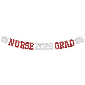 Glitter Nurse 2025 Grad Banner ، تهانينا ممرضة/مستقبل RN/BSN/NP ، فئة 2025 مستلزمات التخرج من مدرسة التمريض.