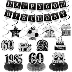 16th Birthday Decorations for Boys Girls, Black Silver Happy 16th Birthday Banners Hanging Swirls Vintage 2009 Honeycomb Centerpiece Table Decor for 16 Years Old Anniversary Birthday Party Supplies
