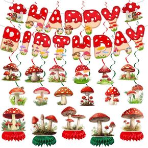 Jungle Mushroom Party Decorations Mushroom Birthday Party Decor Supplies Includes Happy Birthday Banner Mushroom Hanging Swirls Cute Mushroom Honeycomb Centerpiece Mushroom Birthday Party Supplies