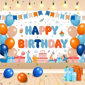 Blue and Orange Birthday Banner Decorations for Boys Light Blue Navy Brown Orange Happy Birthday Banner Large Backdrop for Kid Adults Birthday Party Photo Booth Background Sign Outdoor Indoor Supplies
