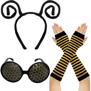 3 Pcs Insect Antenna Headdress and Glasses Bee Print Arm Guard Flying Wire Headband and Glasses Set Costume Accessories for Halloween Cosplay Party Gifts Women and Men