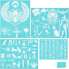 Olycraft 4pcs شاشة الحرير ذاتية الطبعات ذات الشاشة المصرية شاشة الحرير شاشة شاشة الاستنسل المصرية الإستنسل الهيروغليفية الأهرامات القابلة لإعادة الاستخدام