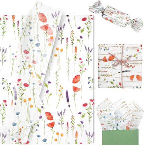 100 Sheet Spring Wildflower Tissue Paper, 20x14 Vintage Lavender Red Poppy Tissue for DIY Crafts Birthday Baby Shower Wedding Bridal Shower Tea Party Decor