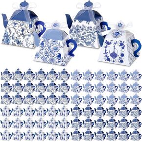 48 PCS شاي حفلة لصالح الصناديق الحلوى الأزرق والأبيض صناديق الهدايا الصناديق Chinoiserie Teapot الصناديق زخارف الشاي وقت الحفل