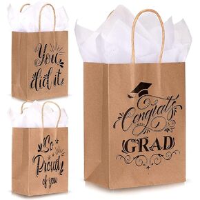 Whaline 12pcs تخرج حقيبة Kraft مع ورقة أنسجة بيضاء تهنئة Grad Party Gift الأكياس مع مقبض 3 تصميم